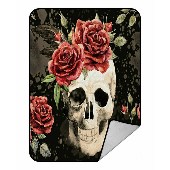 Ambesonne Rose Soft Flannel Fleece Throw Blanket Watercolor Art Style Skull with Red Roses and Buds Gothic Halloween Pattern Cozy Plush for Indoor and Outdoor Use 60 x 80 Vermilion Black Green 